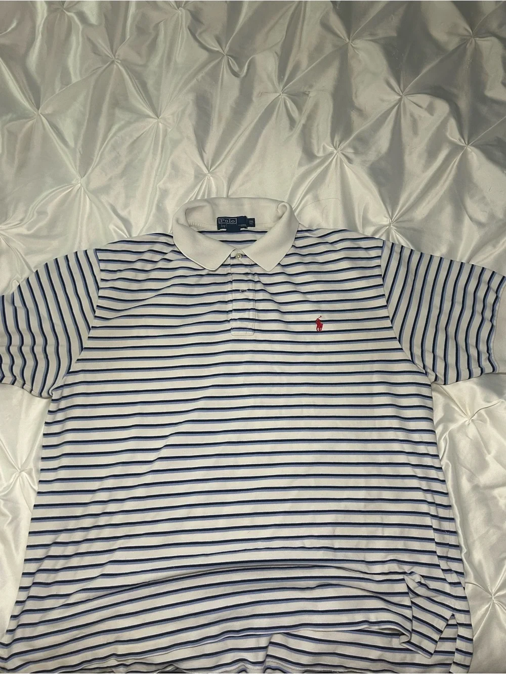 Ralph Lauren White and Navy Striped Polo with Red Logo